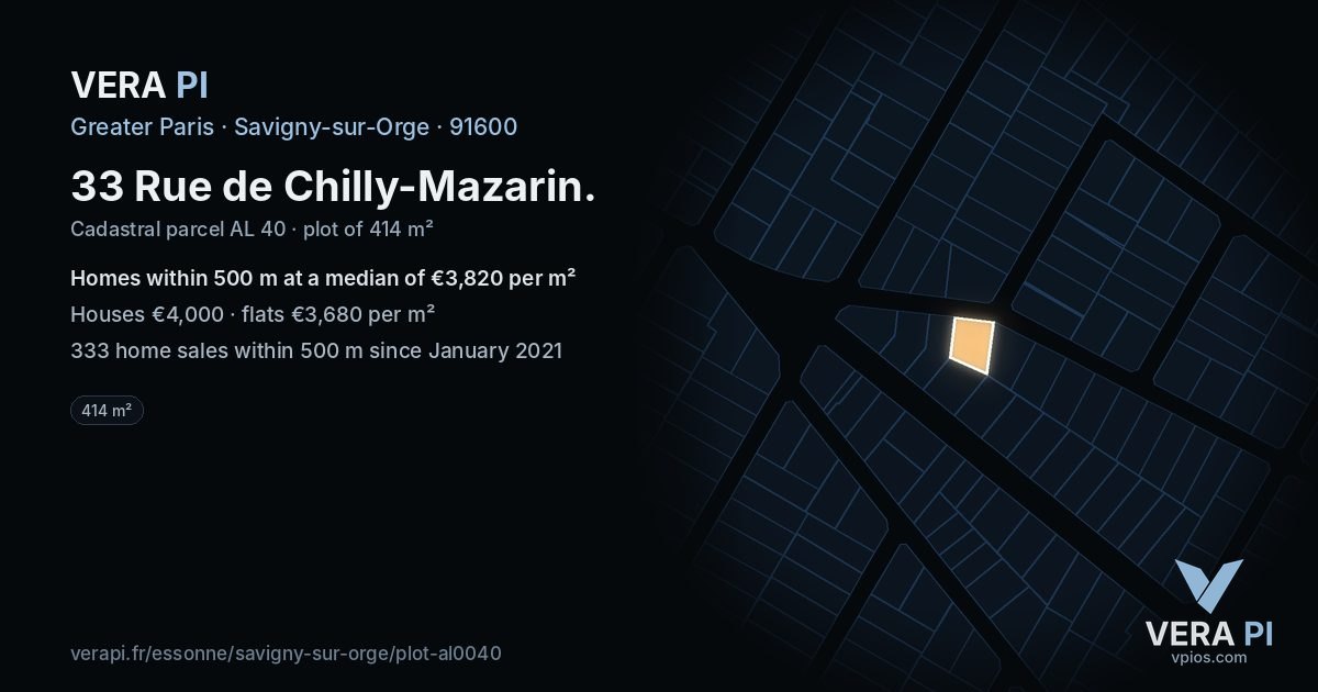 33 Rue de Chilly-Mazarin, Savigny-sur-Orge at night – the plot lit, the parcels around coloured by the prices near them
