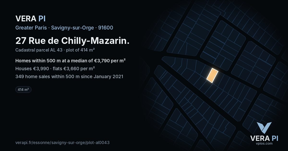 27 Rue de Chilly-Mazarin, Savigny-sur-Orge at night – the plot lit, the parcels around coloured by the prices near them