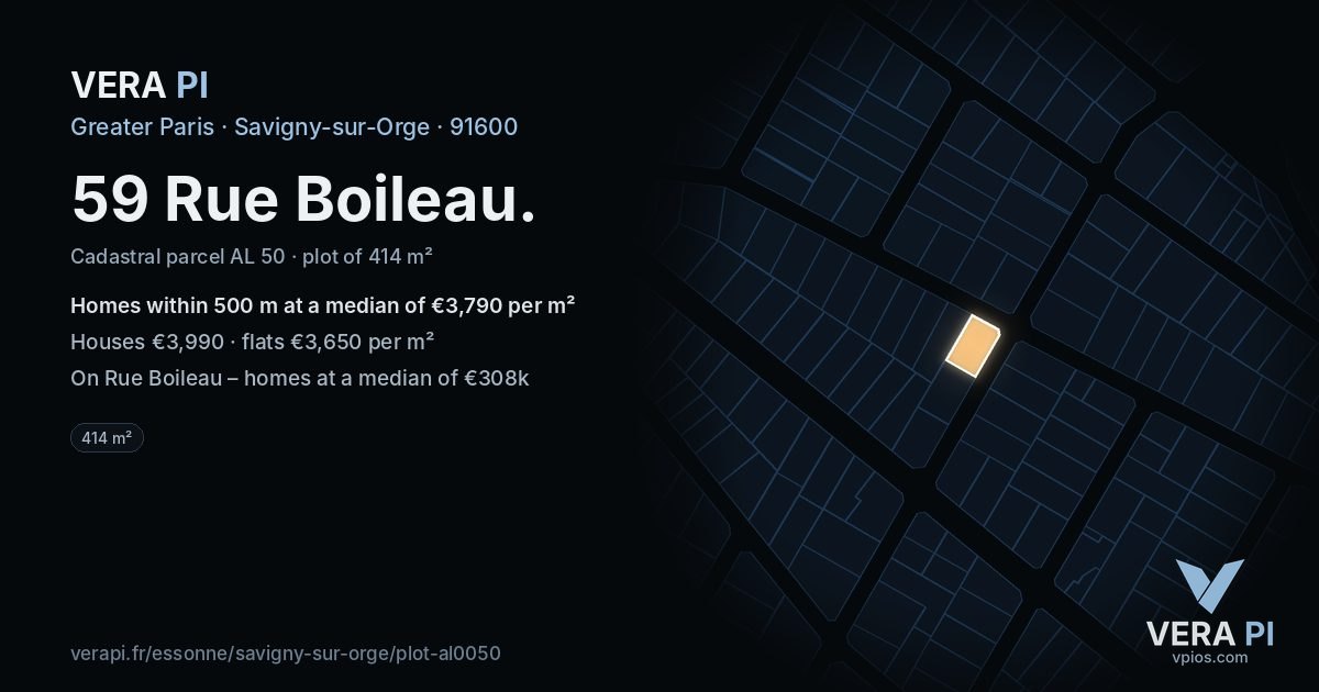 59 Rue Boileau, Savigny-sur-Orge at night – the plot lit, the parcels around coloured by the prices near them