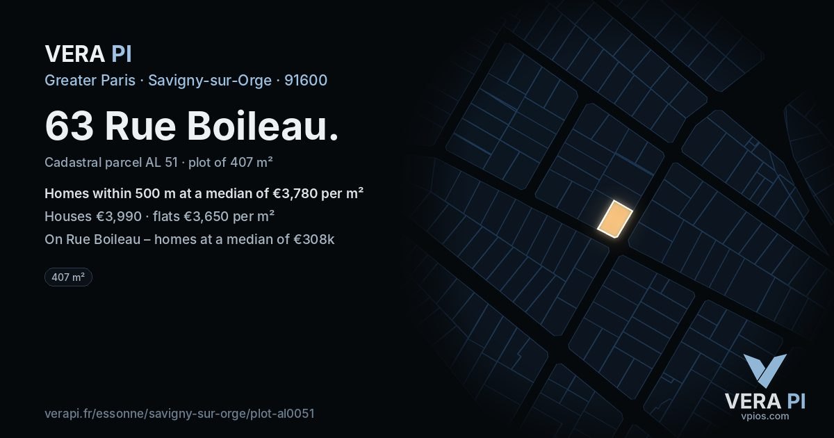 63 Rue Boileau, Savigny-sur-Orge at night – the plot lit, the parcels around coloured by the prices near them