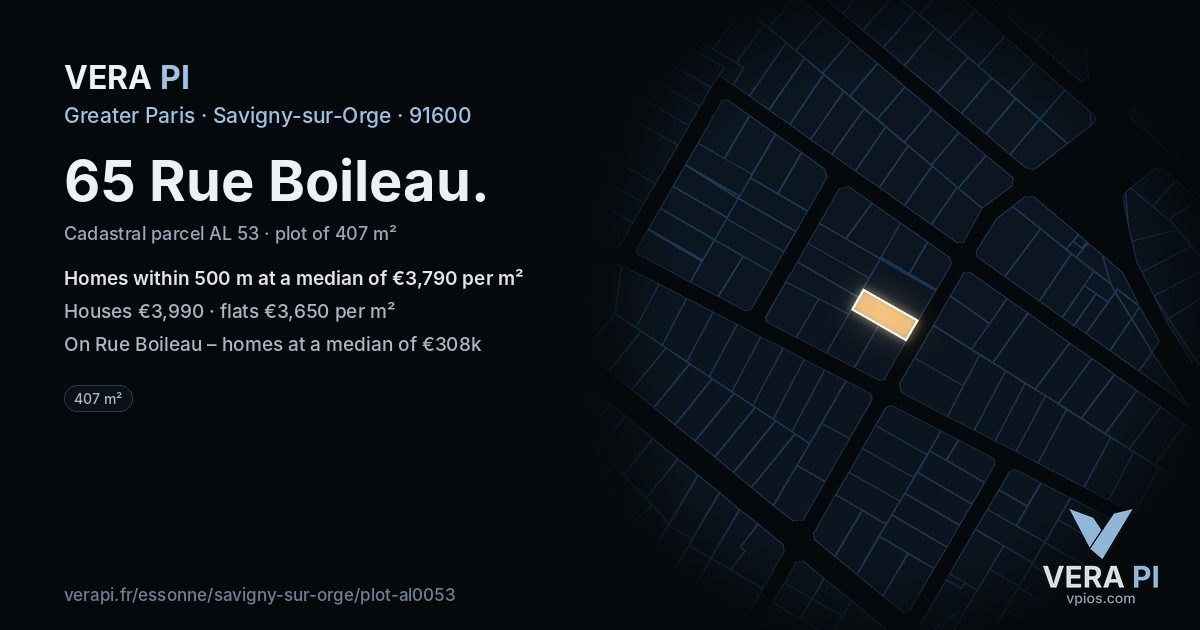65 Rue Boileau, Savigny-sur-Orge at night – the plot lit, the parcels around coloured by the prices near them