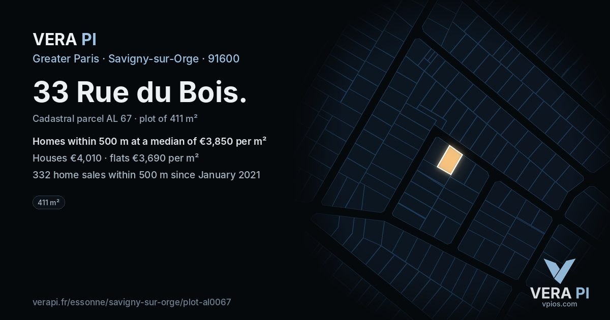 33 Rue du Bois, Savigny-sur-Orge at night – the plot lit, the parcels around coloured by the prices near them
