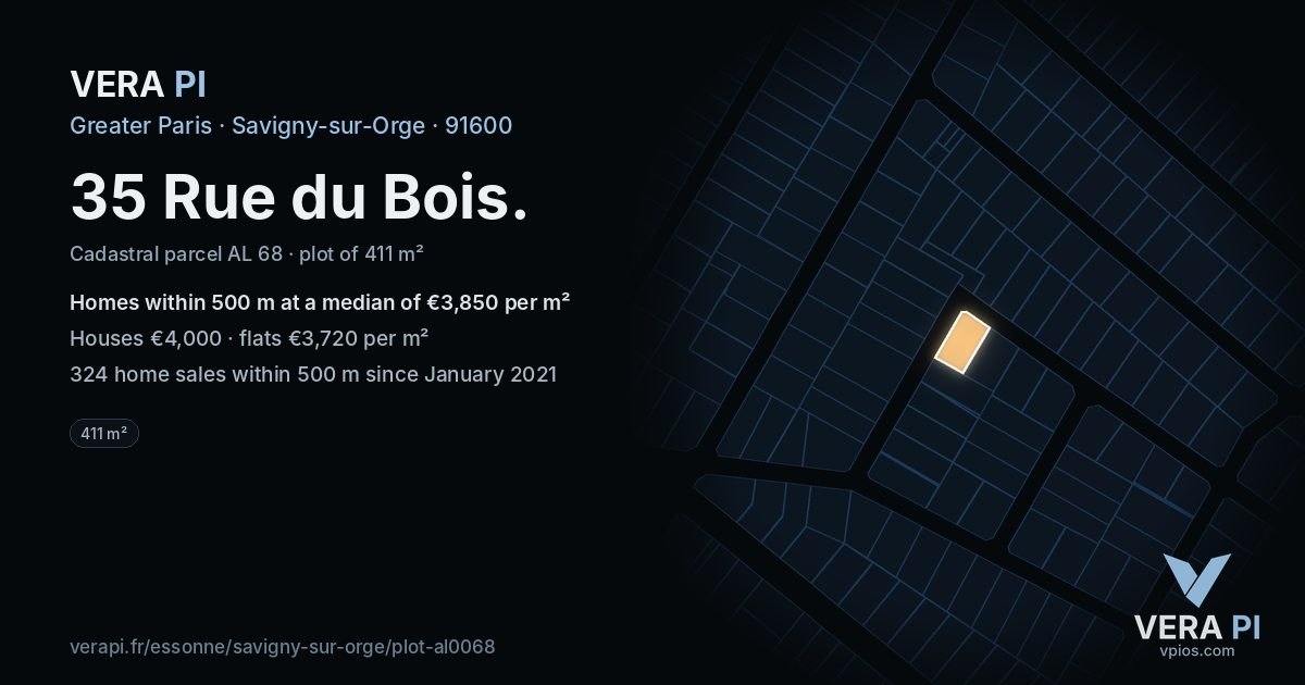 35 Rue du Bois, Savigny-sur-Orge at night – the plot lit, the parcels around coloured by the prices near them