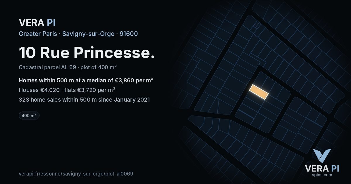 10 Rue Princesse, Savigny-sur-Orge at night – the plot lit, the parcels around coloured by the prices near them