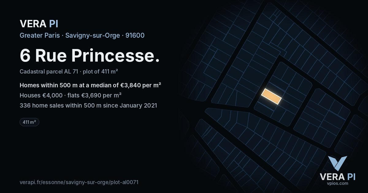 6 Rue Princesse, Savigny-sur-Orge at night – the plot lit, the parcels around coloured by the prices near them