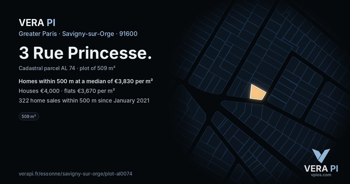 3 Rue Princesse, Savigny-sur-Orge at night – the plot lit, the parcels around coloured by the prices near them