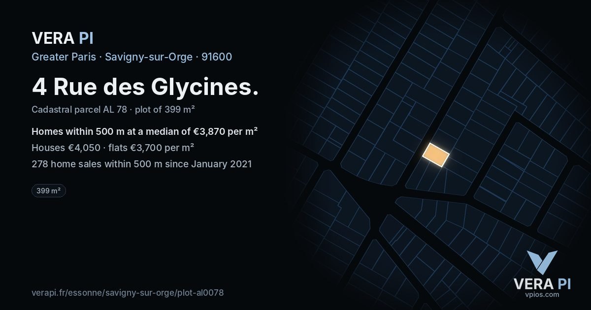 4 Rue des Glycines, Savigny-sur-Orge at night – the plot lit, the parcels around coloured by the prices near them