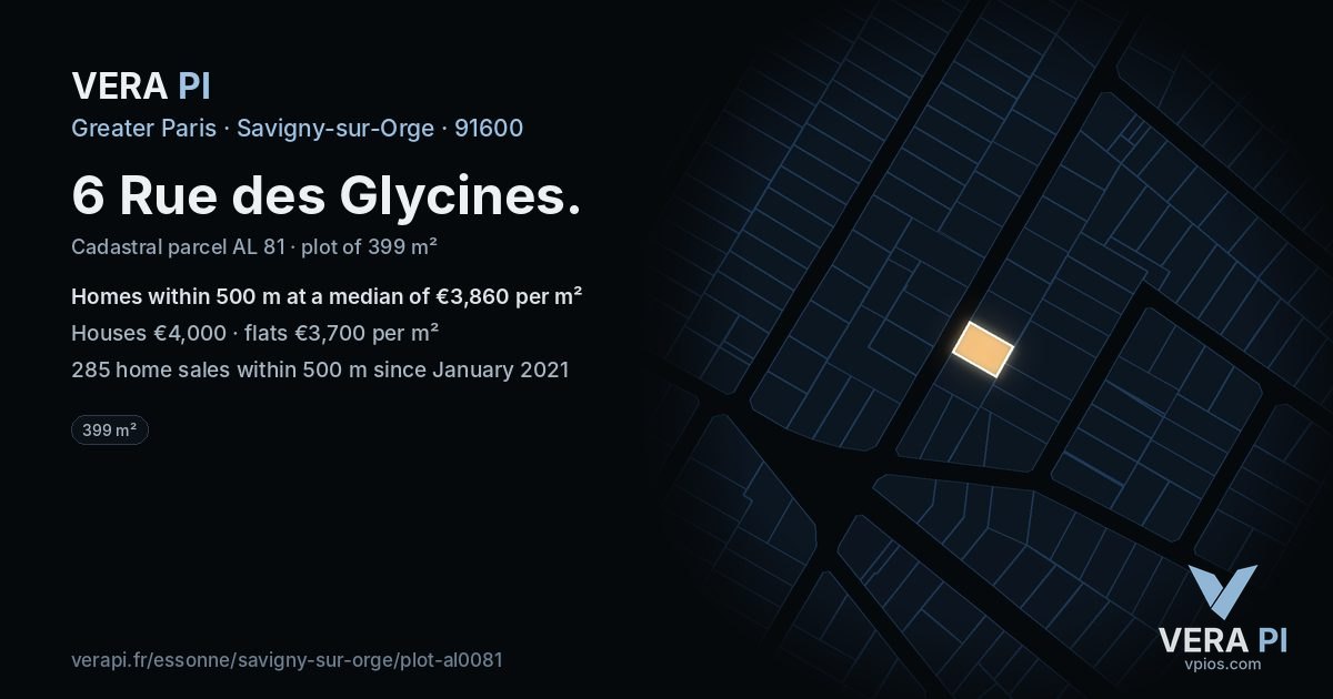 6 Rue des Glycines, Savigny-sur-Orge at night – the plot lit, the parcels around coloured by the prices near them