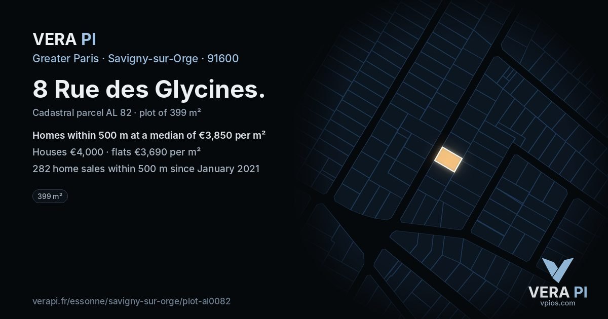 8 Rue des Glycines, Savigny-sur-Orge at night – the plot lit, the parcels around coloured by the prices near them