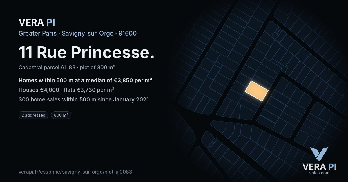 11 Rue Princesse, Savigny-sur-Orge at night – the plot lit, the parcels around coloured by the prices near them