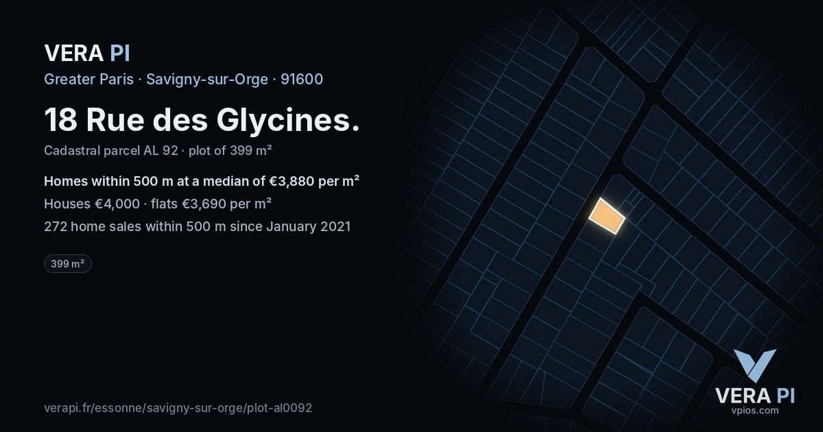 18 Rue des Glycines, Savigny-sur-Orge at night – the plot lit, the parcels around coloured by the prices near them