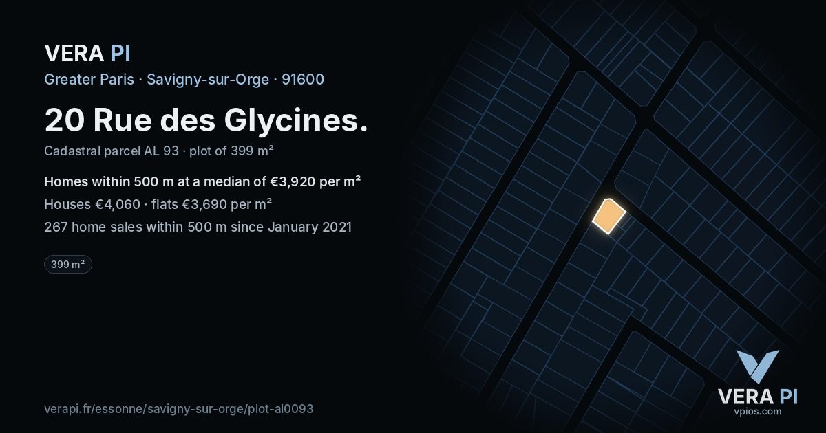 20 Rue des Glycines, Savigny-sur-Orge at night – the plot lit, the parcels around coloured by the prices near them