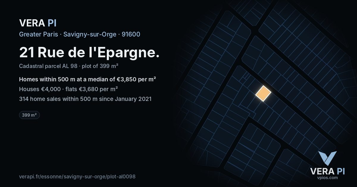 21 Rue de l'Epargne, Savigny-sur-Orge at night – the plot lit, the parcels around coloured by the prices near them