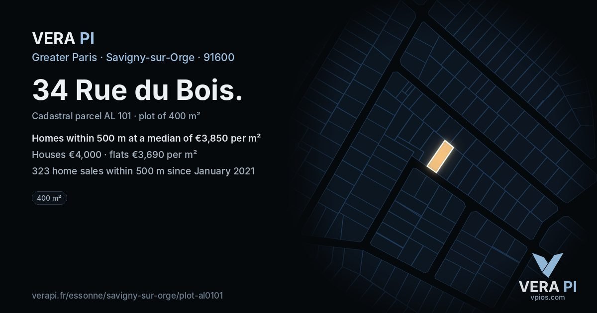 34 Rue du Bois, Savigny-sur-Orge at night – the plot lit, the parcels around coloured by the prices near them