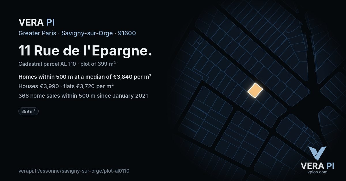 11 Rue de l'Epargne, Savigny-sur-Orge at night – the plot lit, the parcels around coloured by the prices near them