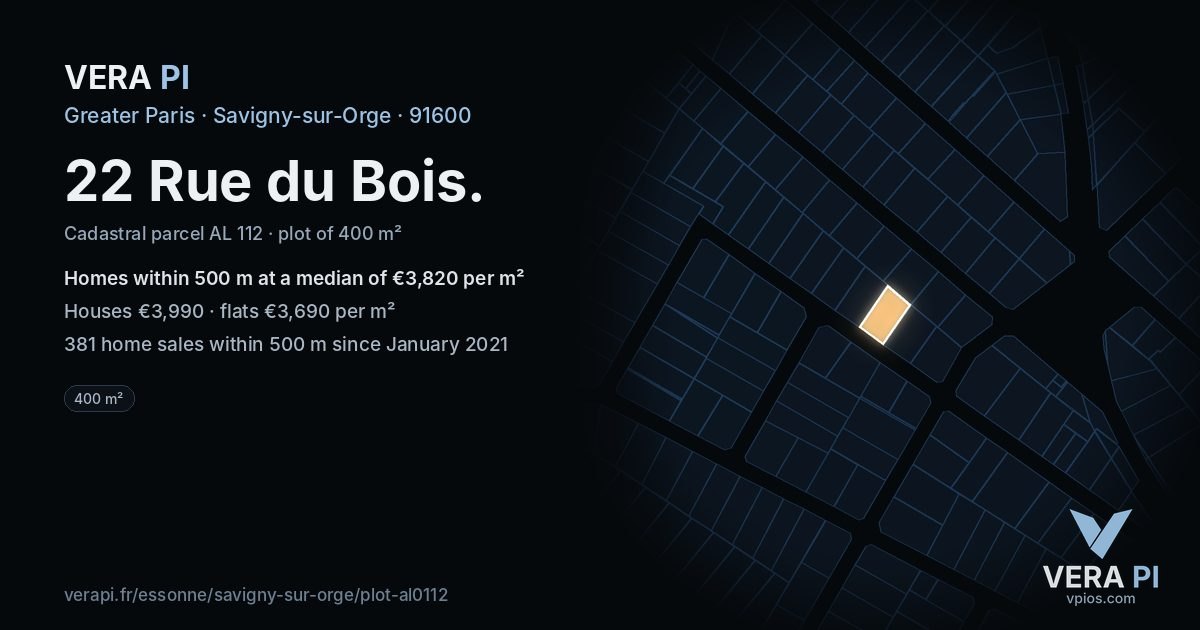 22 Rue du Bois, Savigny-sur-Orge at night – the plot lit, the parcels around coloured by the prices near them