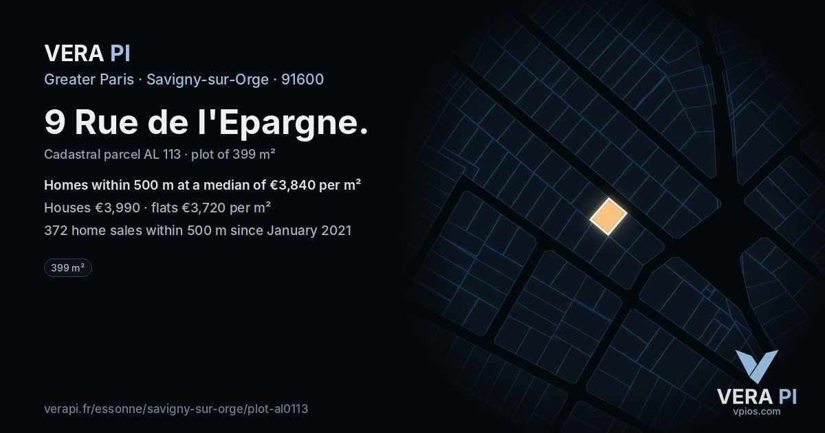 9 Rue de l'Epargne, Savigny-sur-Orge at night – the plot lit, the parcels around coloured by the prices near them