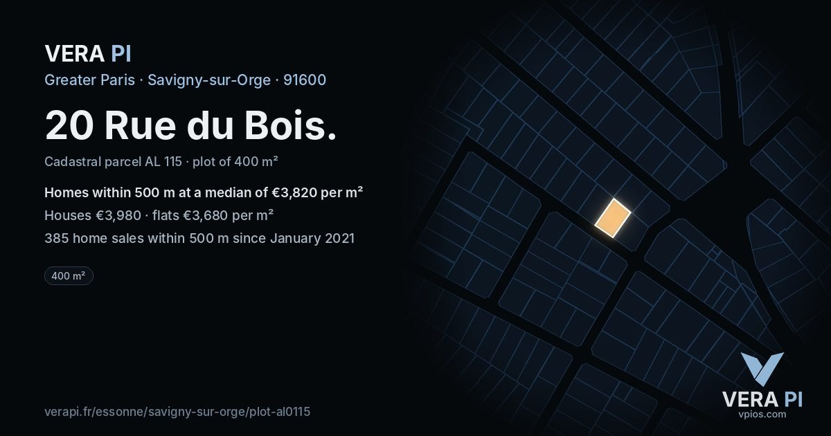 20 Rue du Bois, Savigny-sur-Orge at night – the plot lit, the parcels around coloured by the prices near them