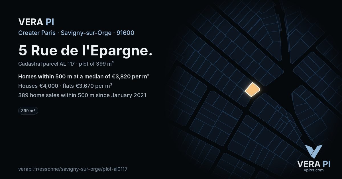5 Rue de l'Epargne, Savigny-sur-Orge at night – the plot lit, the parcels around coloured by the prices near them