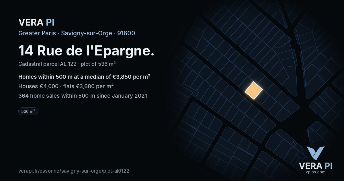 14 Rue de l'Epargne, Savigny-sur-Orge at night – the plot lit, the parcels around coloured by the prices near them