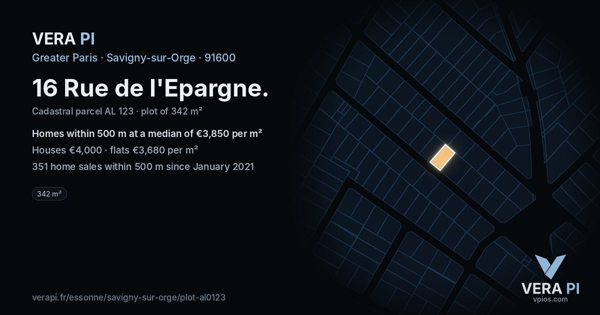 16 Rue de l'Epargne, Savigny-sur-Orge at night – the plot lit, the parcels around coloured by the prices near them
