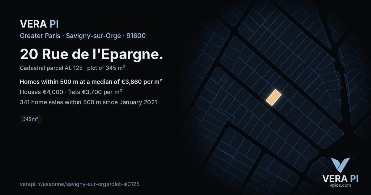 20 Rue de l'Epargne, Savigny-sur-Orge at night – the plot lit, the parcels around coloured by the prices near them
