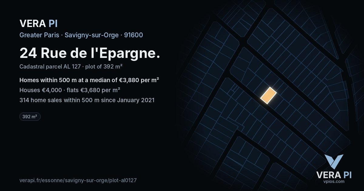 24 Rue de l'Epargne, Savigny-sur-Orge at night – the plot lit, the parcels around coloured by the prices near them