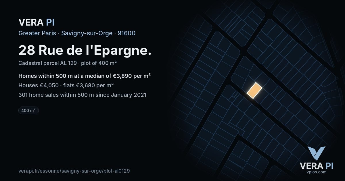 28 Rue de l'Epargne, Savigny-sur-Orge at night – the plot lit, the parcels around coloured by the prices near them