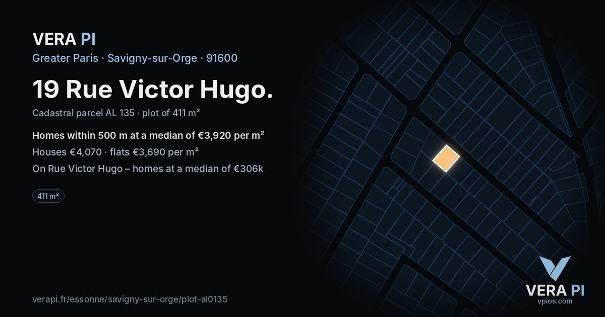 19 Rue Victor Hugo, Savigny-sur-Orge at night – the plot lit, the parcels around coloured by the prices near them