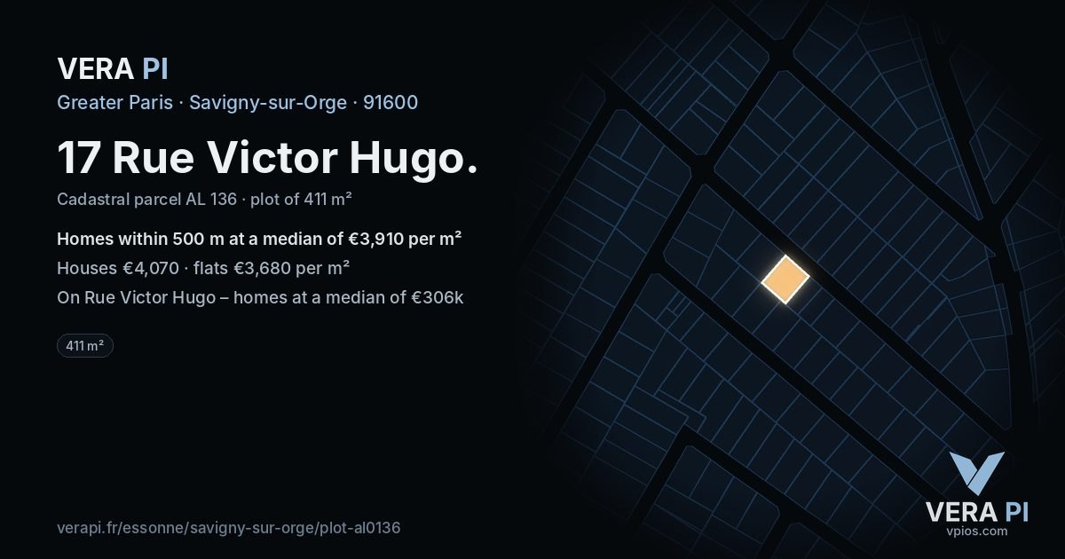 17 Rue Victor Hugo, Savigny-sur-Orge at night – the plot lit, the parcels around coloured by the prices near them