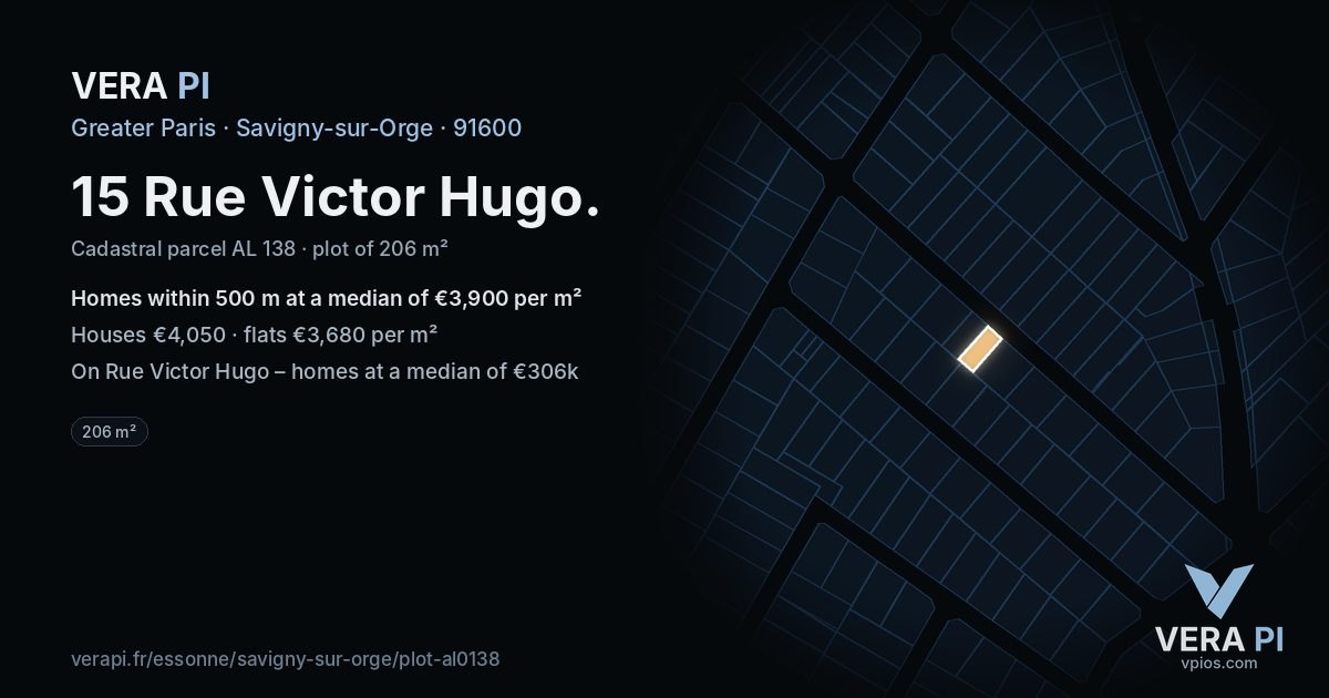 15 Rue Victor Hugo, Savigny-sur-Orge at night – the plot lit, the parcels around coloured by the prices near them