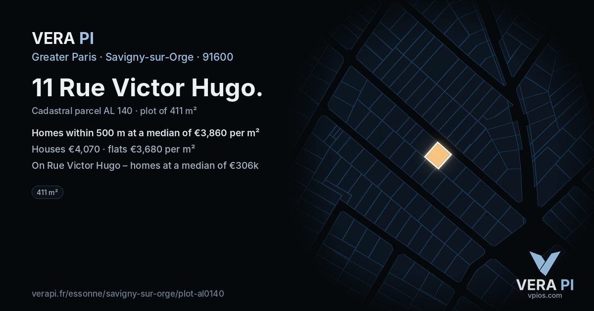 11 Rue Victor Hugo, Savigny-sur-Orge at night – the plot lit, the parcels around coloured by the prices near them