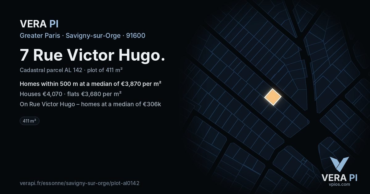 7 Rue Victor Hugo, Savigny-sur-Orge at night – the plot lit, the parcels around coloured by the prices near them