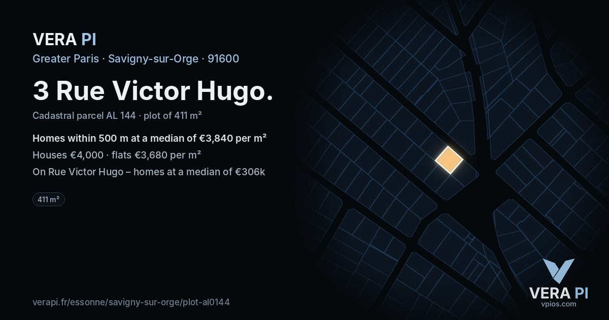 3 Rue Victor Hugo, Savigny-sur-Orge at night – the plot lit, the parcels around coloured by the prices near them