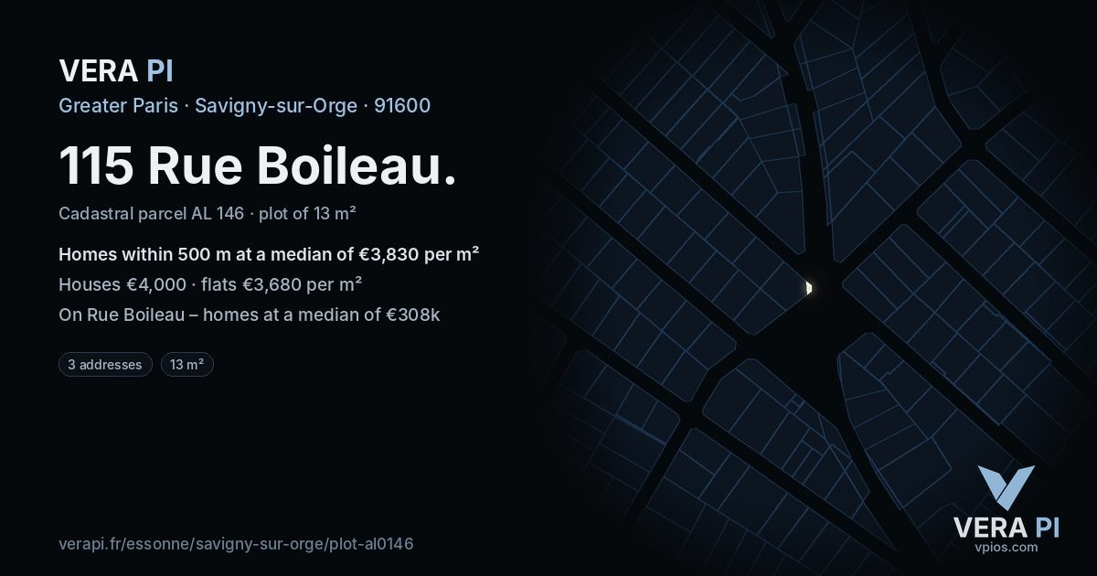 115 Rue Boileau, Savigny-sur-Orge at night – the plot lit, the parcels around coloured by the prices near them