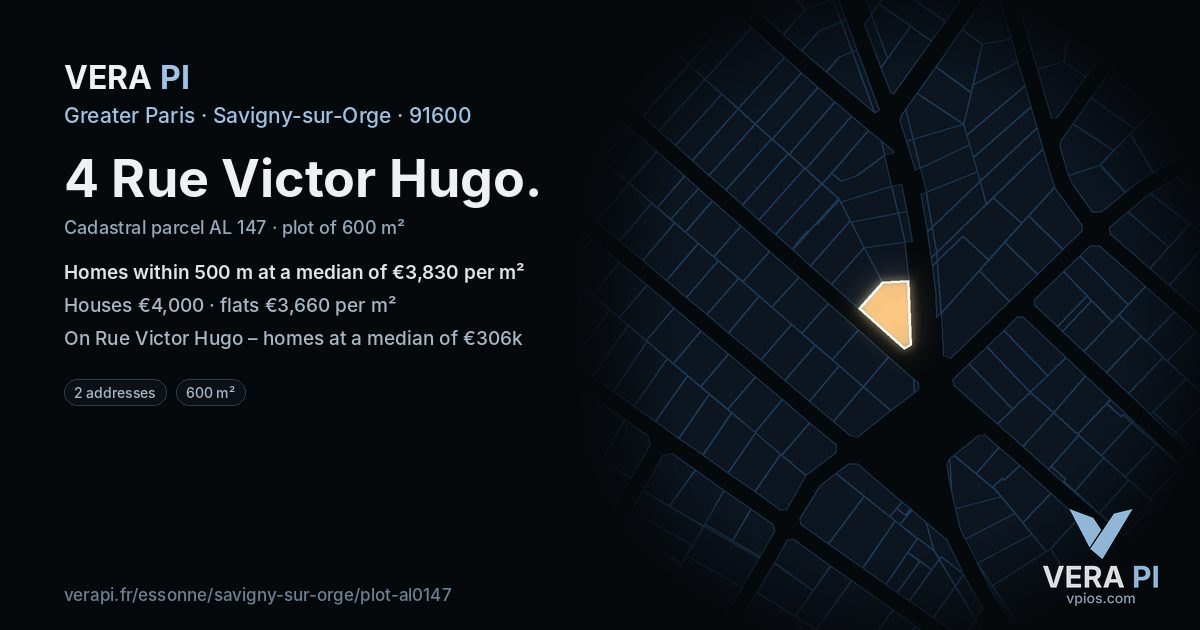 4 Rue Victor Hugo, Savigny-sur-Orge at night – the plot lit, the parcels around coloured by the prices near them