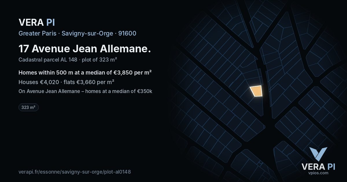 17 Avenue Jean Allemane, Savigny-sur-Orge at night – the plot lit, the parcels around coloured by the prices near them