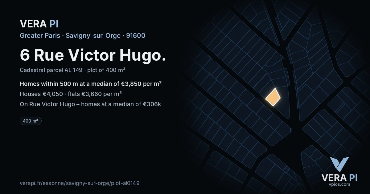 6 Rue Victor Hugo, Savigny-sur-Orge at night – the plot lit, the parcels around coloured by the prices near them
