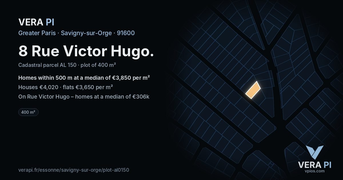 8 Rue Victor Hugo, Savigny-sur-Orge at night – the plot lit, the parcels around coloured by the prices near them