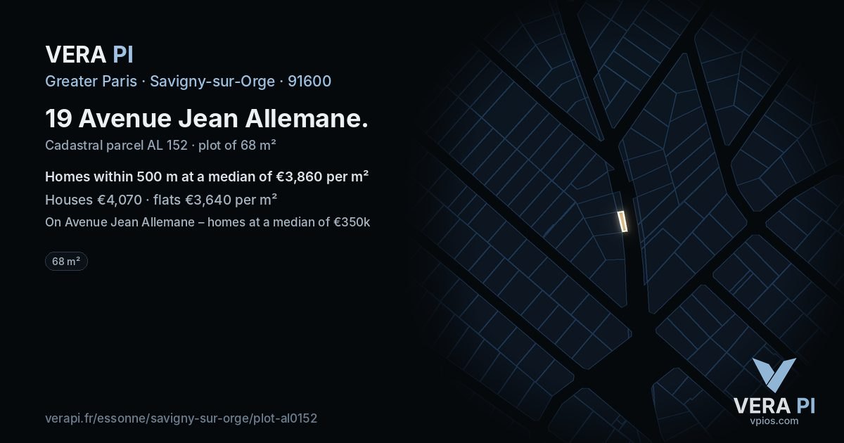 19 Avenue Jean Allemane, Savigny-sur-Orge at night – the plot lit, the parcels around coloured by the prices near them