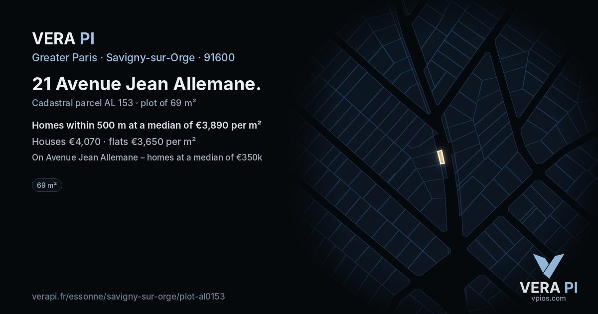 21 Avenue Jean Allemane, Savigny-sur-Orge at night – the plot lit, the parcels around coloured by the prices near them