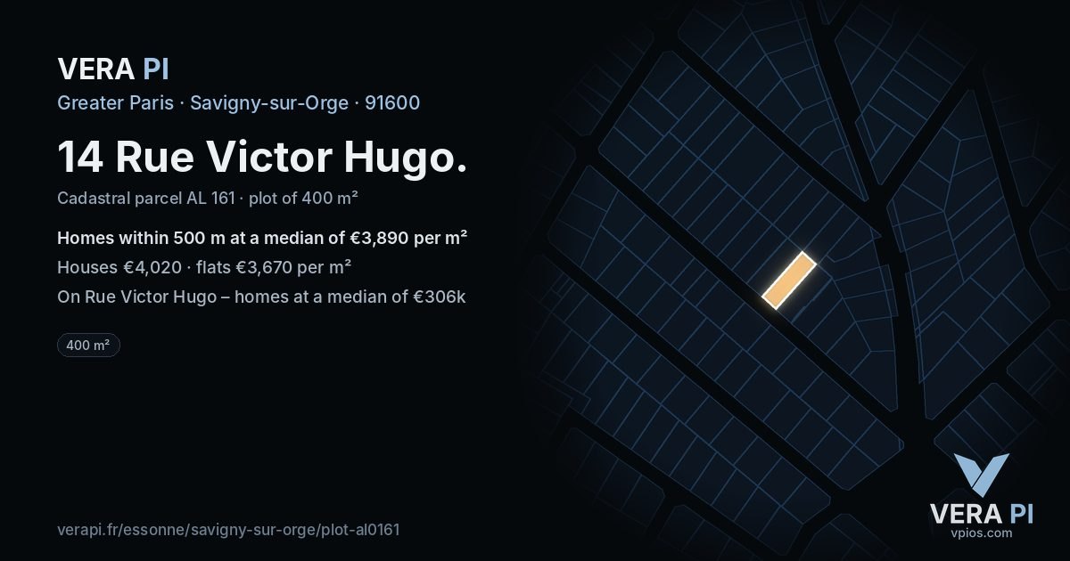 14 Rue Victor Hugo, Savigny-sur-Orge at night – the plot lit, the parcels around coloured by the prices near them