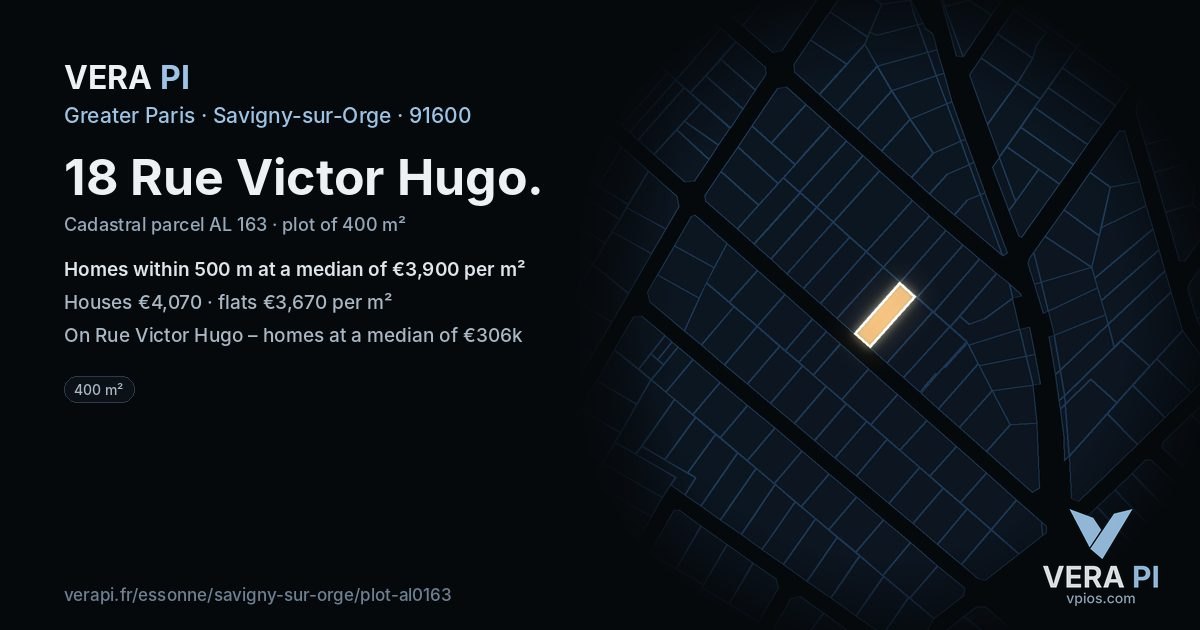 18 Rue Victor Hugo, Savigny-sur-Orge at night – the plot lit, the parcels around coloured by the prices near them