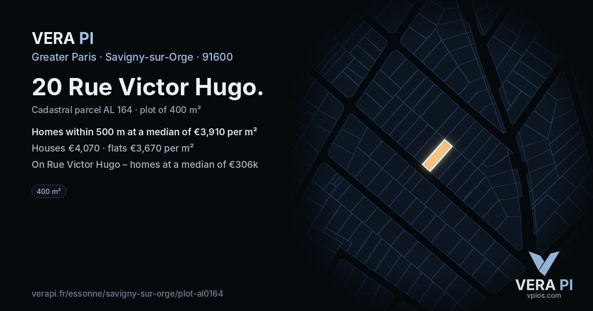 20 Rue Victor Hugo, Savigny-sur-Orge at night – the plot lit, the parcels around coloured by the prices near them