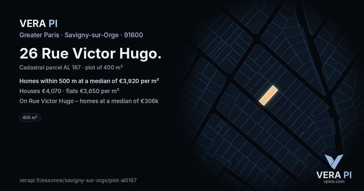 26 Rue Victor Hugo, Savigny-sur-Orge at night – the plot lit, the parcels around coloured by the prices near them