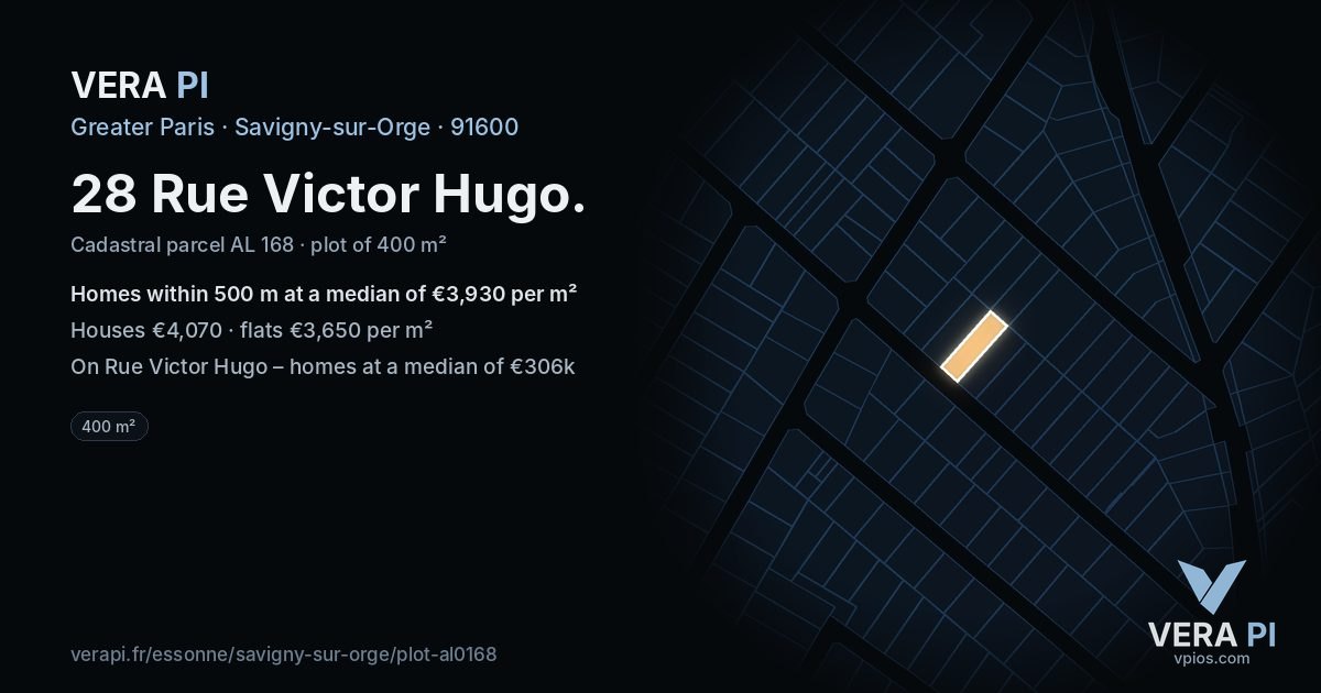 28 Rue Victor Hugo, Savigny-sur-Orge at night – the plot lit, the parcels around coloured by the prices near them