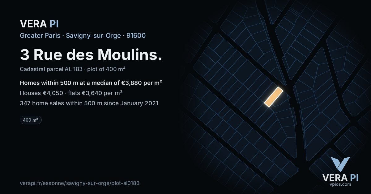 3 Rue des Moulins, Savigny-sur-Orge at night – the plot lit, the parcels around coloured by the prices near them