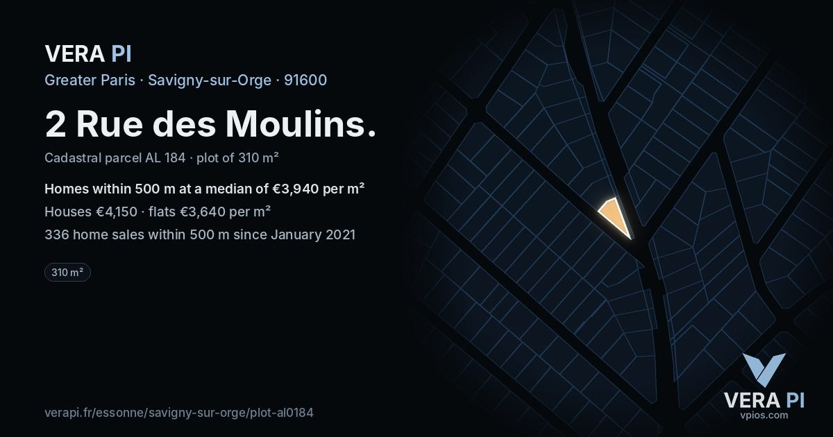 2 Rue des Moulins, Savigny-sur-Orge at night – the plot lit, the parcels around coloured by the prices near them