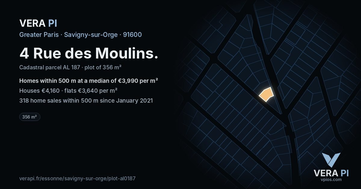 4 Rue des Moulins, Savigny-sur-Orge at night – the plot lit, the parcels around coloured by the prices near them