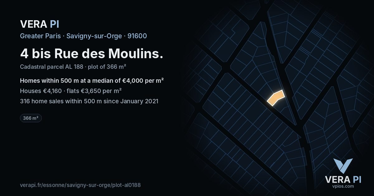 4 bis Rue des Moulins, Savigny-sur-Orge at night – the plot lit, the parcels around coloured by the prices near them